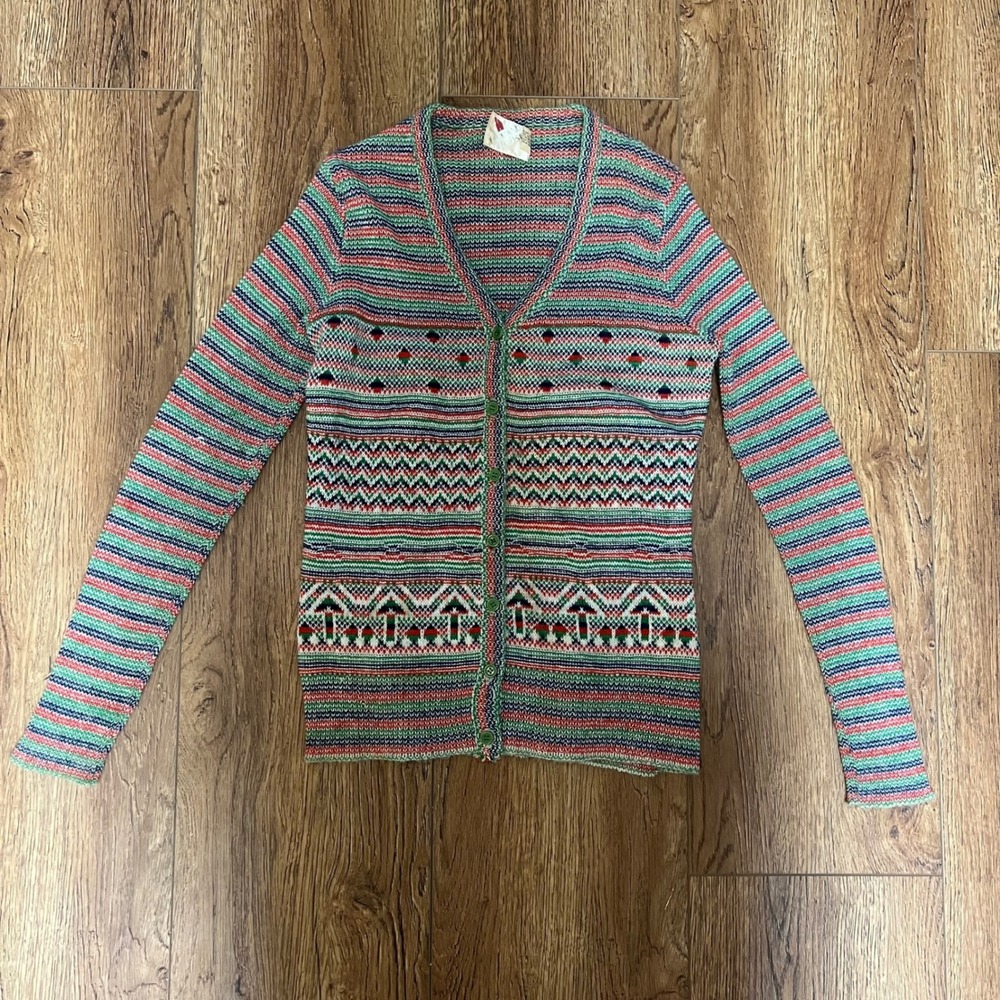 VTG Retro Knit Cardigan Sweater USA‎ Made Union Colorful Button Up Wool Womens S